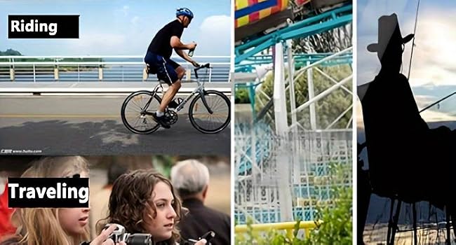 Multi-panel activity collage showing outdoor sports: mountain climbing, amusement park ride, cycling, photography, and fishing silhouette.