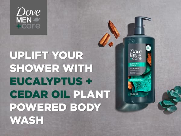 Dove Body Wash pump bottle on dark grey background with pieces of eucalyptus and cedar wood.