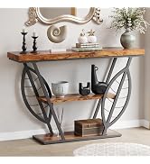 HavenlyYouth Leaf Design Console Table for Entryway, 3-Tier Storage, 30mm Thick Rustic Brown Indu...