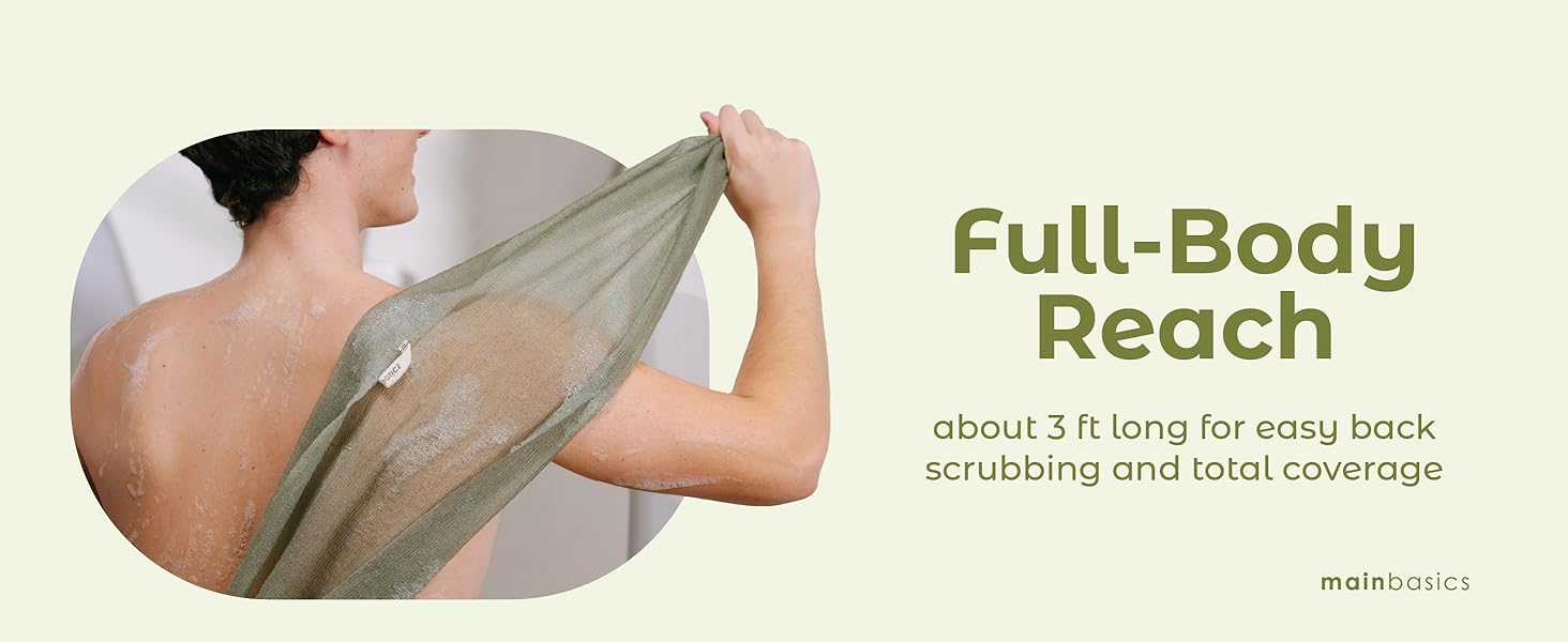 Man stretching a long exfoliating towel across his back for total coverage.