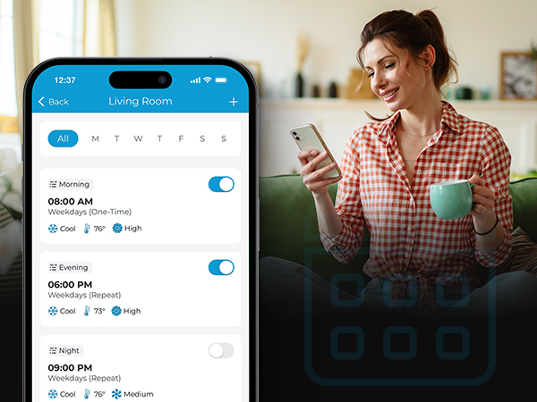 Set weekly schedules to automate heating and cooling according to routine with Cielo Breez Eco
