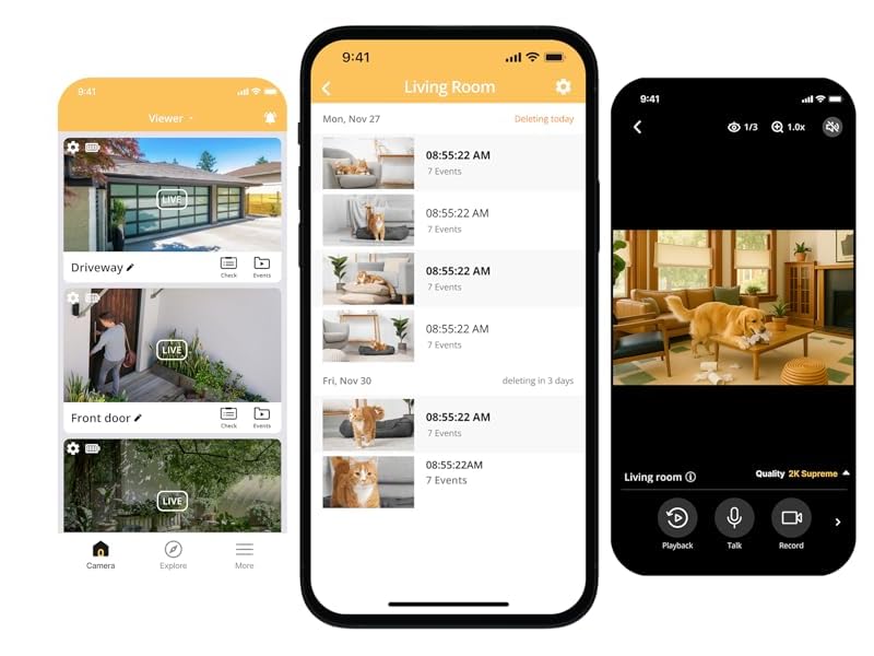 AlfredCam app showing live views, event playback, talk, and recording controls