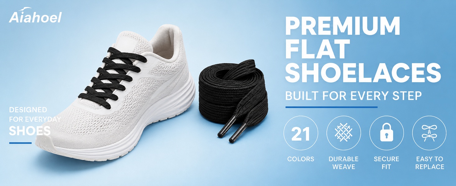 Aiahoel shoelaces: 21 colors, multiple sizes, flat woven texture, secure fit for everyday sneakers.