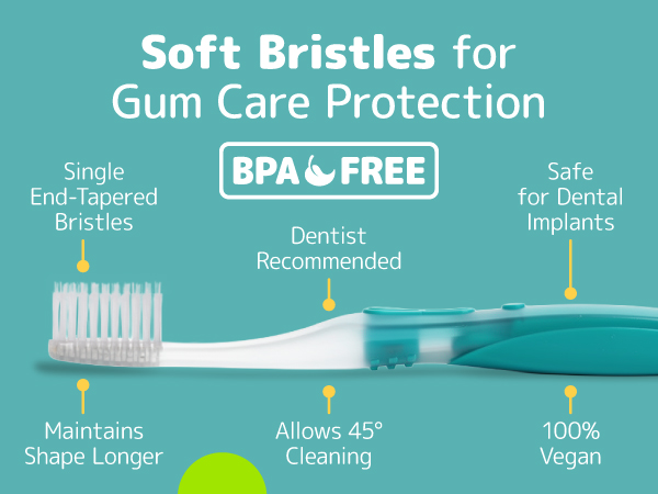 gum care protection toothbrush with single end tapered bristles make of vegan material