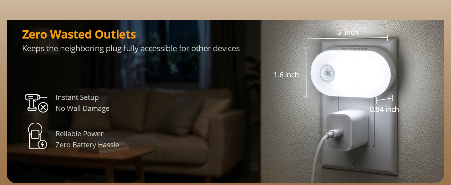 Space-saving plug-in night light with zero wasted outlets.