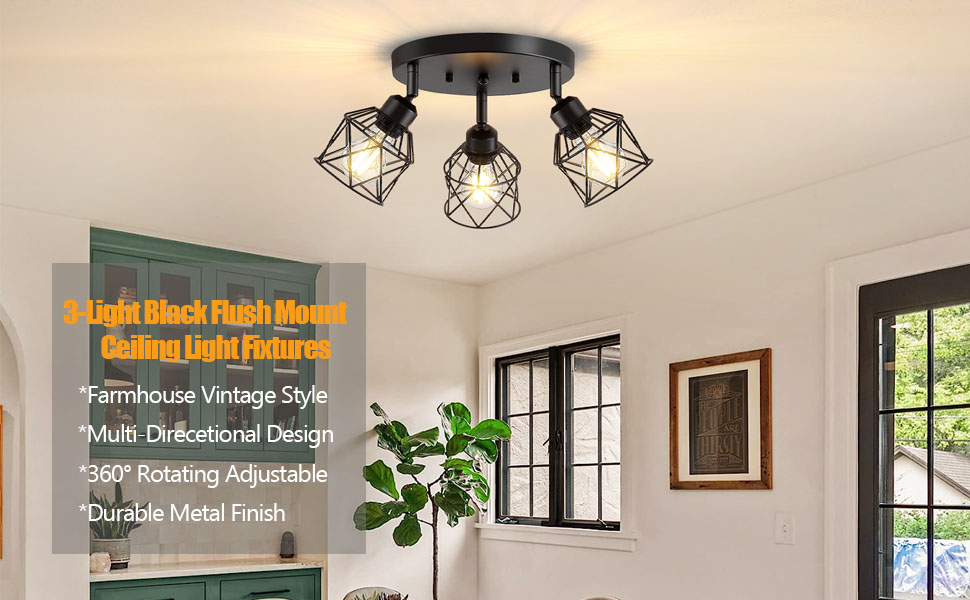 3-Lights Kitchen Light Fixtures Ceiling Multi-Directional Rotating Metal Cage Shade