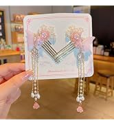 2Pcs Vintage Chinese Hanfu Pink Flower Hair Clips,Decorative Hair-Clips Tassel Pearl Barrettes Ha...