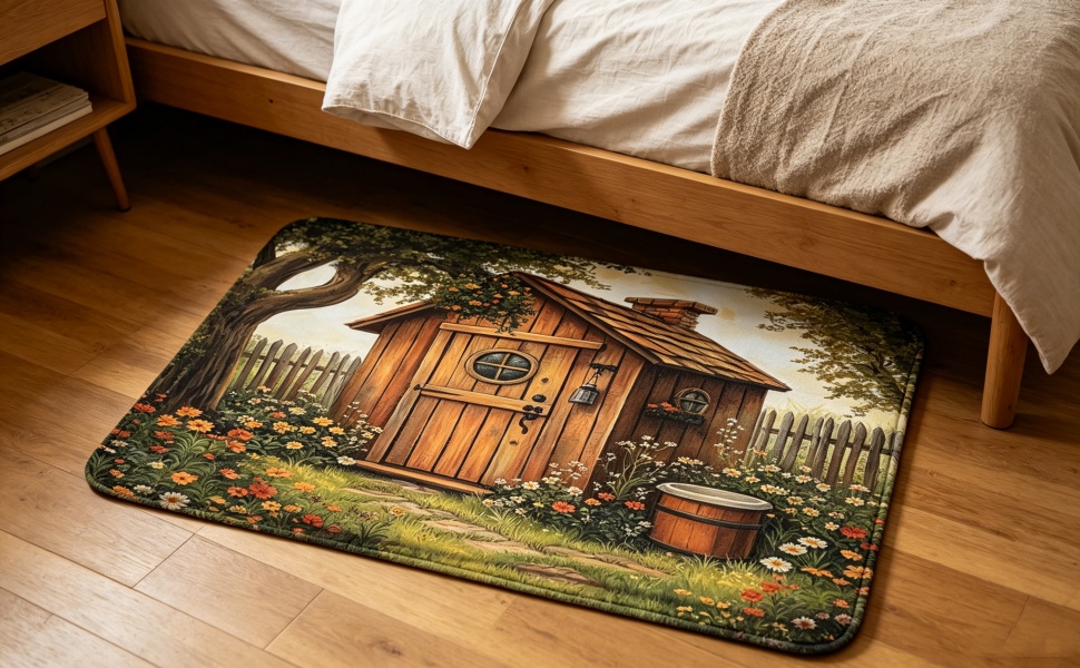 Outhouse Bath Mat Vintage Wooden House Tree Country Grass Yard Floral Garden Rustic Farmhouse
