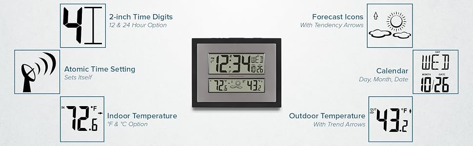 Lacrosse, la crosse, 512-65937-INT, atomic, clock, weather, forecast, digital, temperature, time
