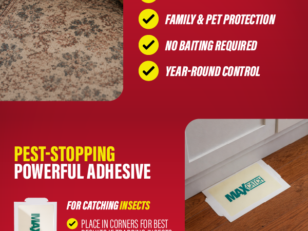 Max-Catch glue board graphic showing powerful adhesive and ready-to-use indoor pest control