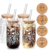 ANOTION Wildflower Glass Cups With Lids and Straws, Iced Coffee Cup Beer Can Shaped Glass Bamboo ...