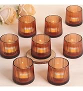 Amber Ribbed Tealight Votive Candle Holders Set of 10- Votive Candle Holders for Table Centerpiec...