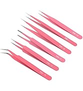 Pink Precision Tweezers 6PCS Set, Upgraded Anti-Static Stainless Steel Curved of Tweezers for Wom...