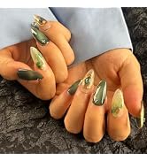AKA Unicorn Handmade Press On Nails Short Almond, Greenish - Grey & Translucent Acrylic Fake Nail...