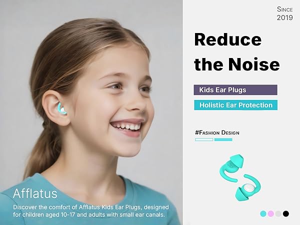 Text reads 'Reduce the Noise' and 'Kids Ear Plugs' and 'Amatus'. Product images showing teal-colored ear plugs with product information panels.