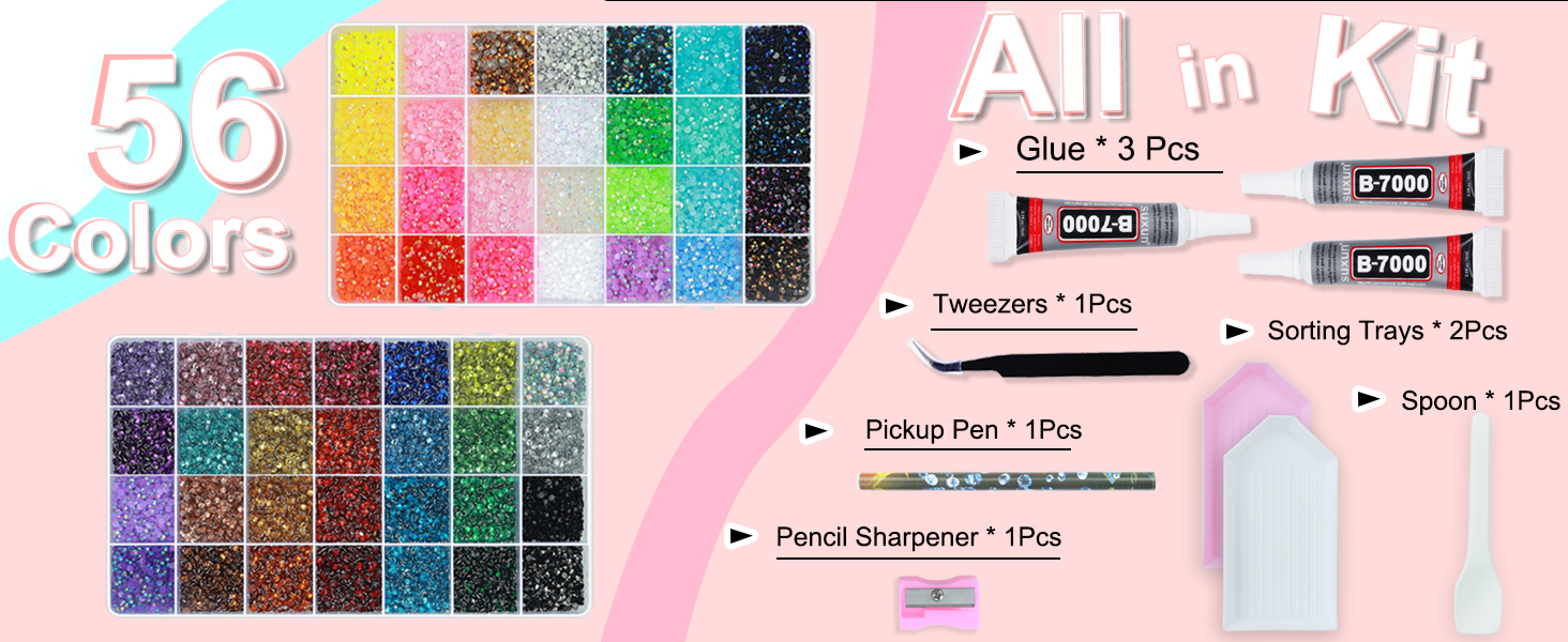 2 Boxes Rhinestones for Bedazzling Kit, 56 Colors 3MM Resin Flatback Gems