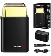 Text reads 'HIGEN PRO'. Electric shaver set including gold-colored foil shaver unit, charging base, and accessories shown both as product and retail package.