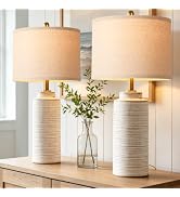 PARTPHONER 27" Vintage Ceramic Table Lamp Set of 2, Farmhouse Bedside Lamps with Ribbed Textured ...