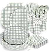 Houuqe 400 Pcs Gingham Party Supplies for 50 Guests Sage Green and White Scalloped Paper Plates a...