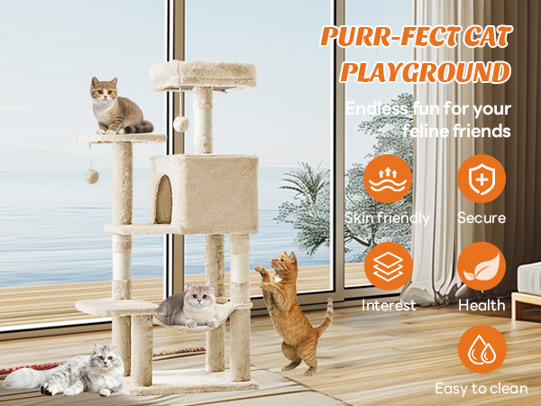 Sweetcrispy 44 inch Cat Tree with Condo, Scratching Posts, Platform, Hammock