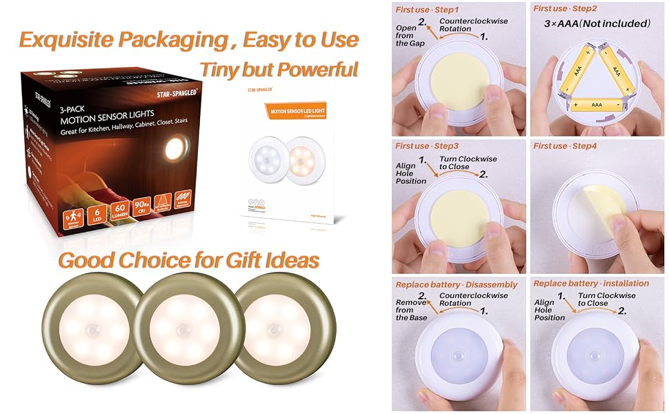 LED Motion Sensor Lights, Stick on Lights, Puck Lights, Closet Lights,Night Lights, STAR-SPANGLED