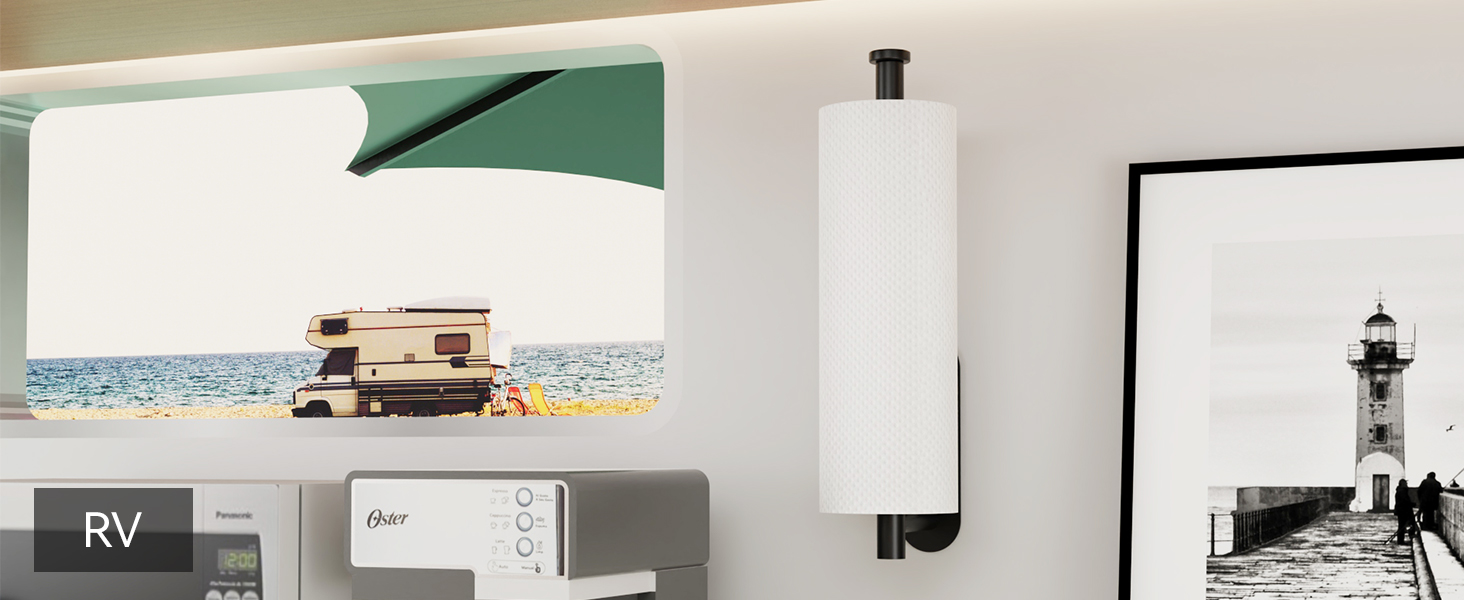 No drill paper towel holder installed in RV kitchen for camper storage and easy access