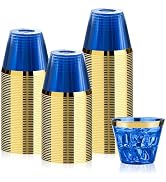Bestluck 100 Pack 9 oz Blue Plastic Cups, Clear Disposable Cups with Gold Rim, Plastic Cocktail G...
