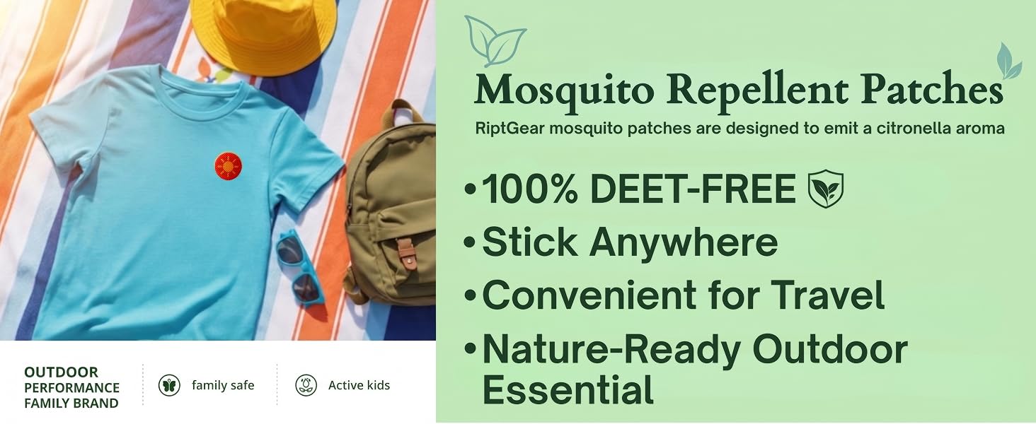 RiptGear Mosquito Patches — 100% DEET-free, citronella, stick anywhere, travel-ready