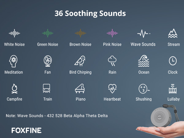 FOXFINE portable sound machine showing 36 sound options like white noise and nature sounds options