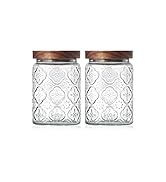 Vintage Glass Jars with Wood Lids - 2 PC 24 OZ Airtight Storage Canisters for Kitchen Pantry Bath...