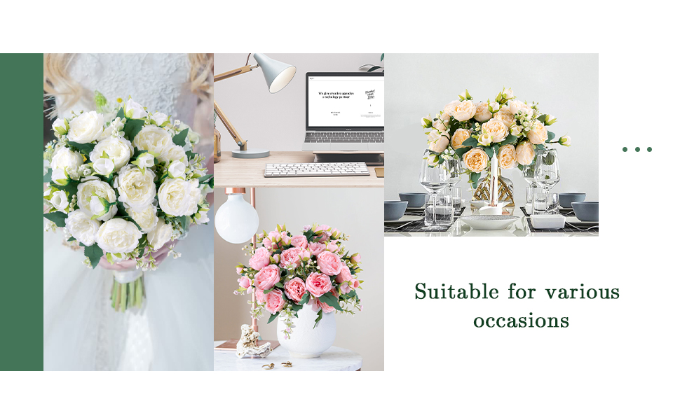 Collage of floral arrangements featuring white and pink roses in vases. Text indicates suitability for various occasions.