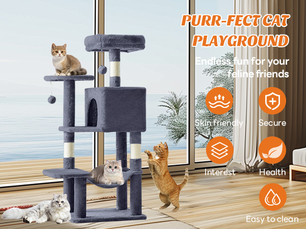 Sweetcrispy 44 inch Cat Tree with Condo, Scratching Posts, Platform, Hammock