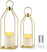 Homemory Modern Farmhouse Lantern Decor with Waterproof Flameless Candle & Remote Timer, 2PCS Gol...