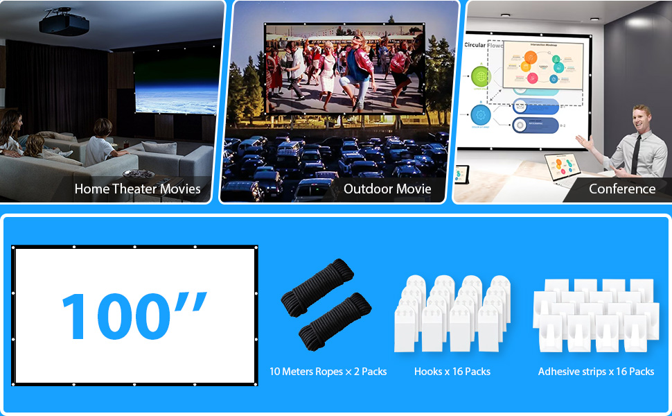 100 "projector screen for indoor, office, outdoor, outdoor movie nights