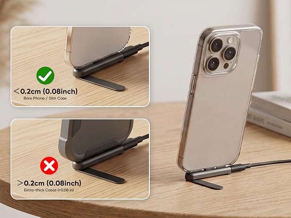 Text reads '>0.2cm (0.08inch)' with green checkmark and '>0.3cm (0.12inch)' with red X mark. Phone case thickness comparison showing optimal and excessive thickness measurements against phone stand stand test.