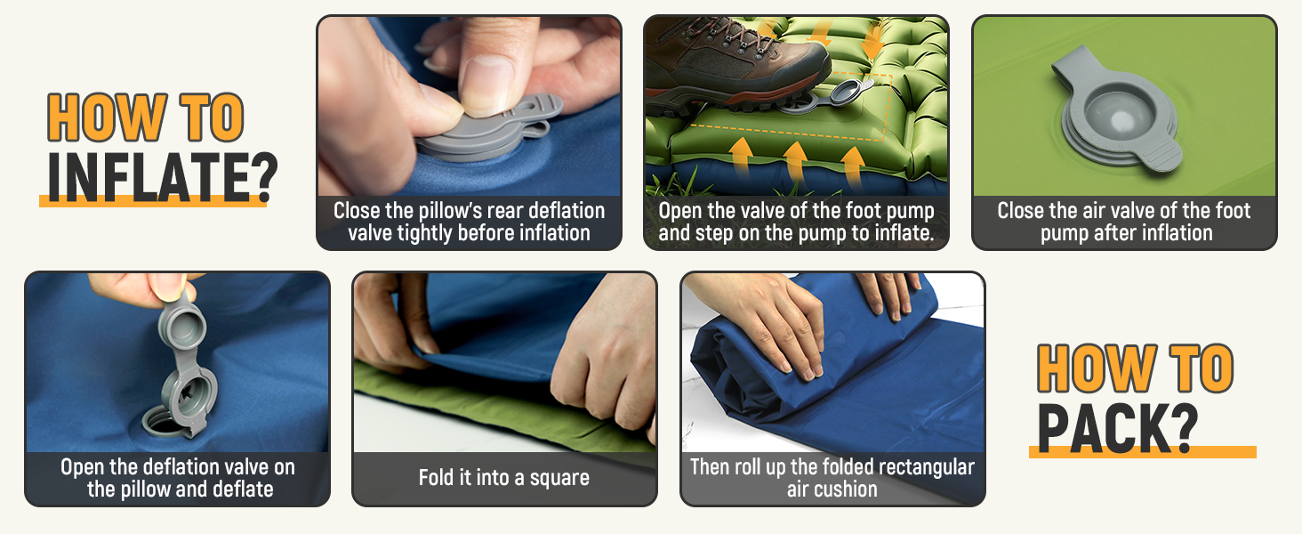 Self-inflating sleeping pad, built-in foot pump, 30-60s rapid inflation, dual-valve airtight seal.