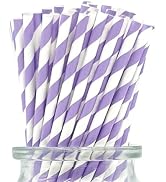 Disposable Purple Striped Paper Straws 7.75 Inch, 100 Pack Lilac White Stripe Drinking Straw for ...