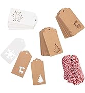 150 PCS Christmas Tags, Kraft Paper Gift Tags Hang Labels With 20M Red and White String, Christma...
