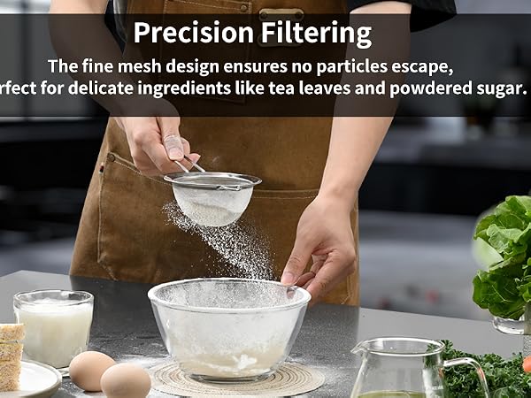 304 stainless steel fine mesh strainer for precision filtering, ideal for tea, powdered sugar.