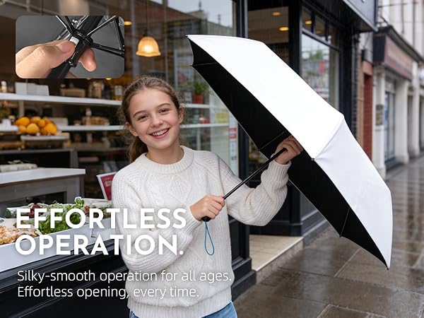 Text reads 'EFFORTLESS OPERATION' with 'Silky-smooth opening, Effortless opening' subtitle. Person demonstrating automatic umbrella deployment mechanism indoors.
