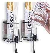 HANZE 2 Pack Toothbrush Holder 304 Stainless Steel Adhesive Wall Mounted 3 in 1 with Toothbrush H...