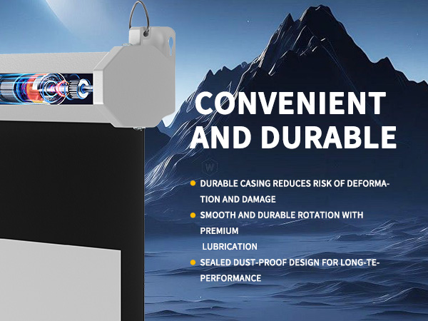 Durable product with rotating feature, dust-proof design for long-term performance. Casing reduces deformation risk. Mountain backdrop with text highlighting convenience and durability.