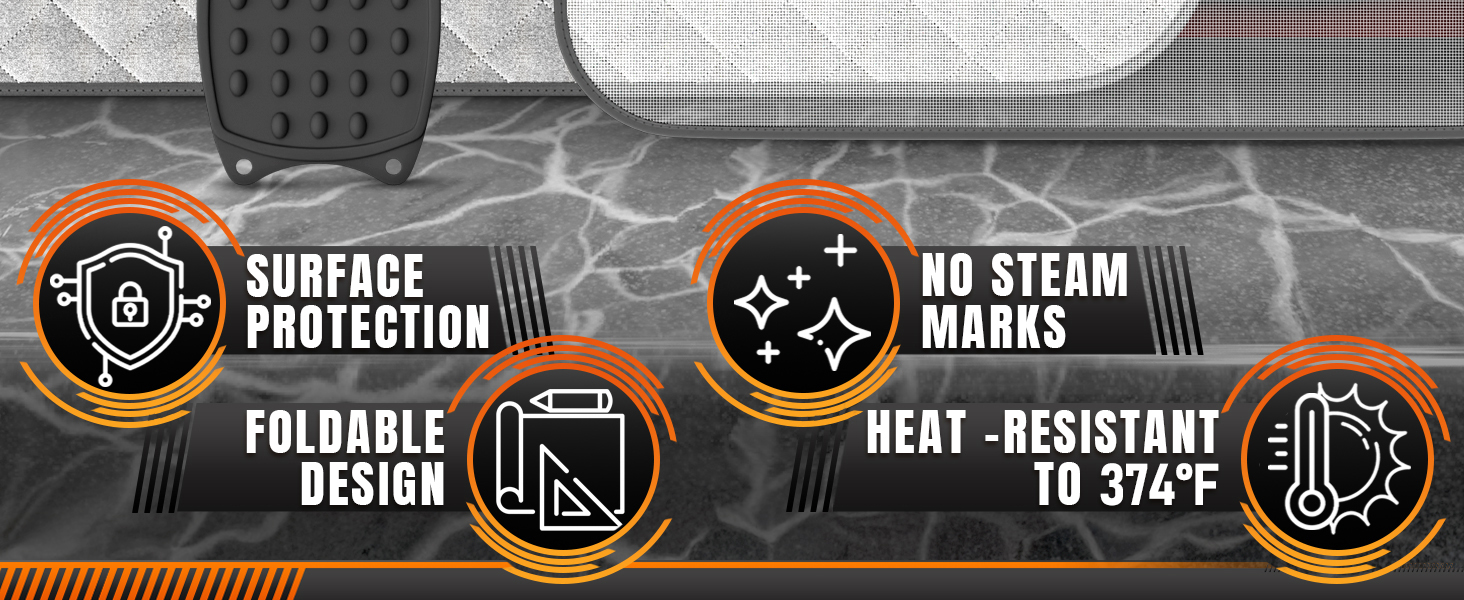 iron mat for ironing highlighting surface protection foldable design and heat resistance up to 374°F