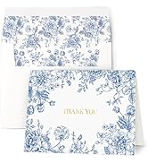 AUDREE Thank You Cards with Envelopes, Gold Foil Blue Floral 50 Pack 3.5x5 | Greeting Notes with ...