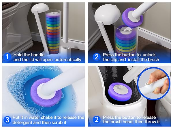 Touchless bathroom cleaning system setup. Auto-open lid, water-activated foam, and no-mess disposal