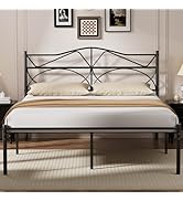 VECELO Queen Size Bed Frame, Metal Bed Platform with Headboard, Sturdy Steel Slats Support, No Bo...
