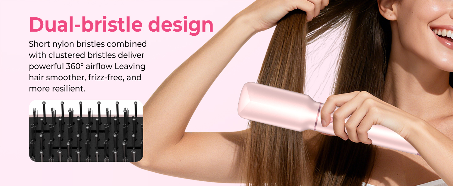 Text reads 'Dual-bristle design'. Close-up product demonstration showing hair being styled with a brush.