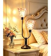 TECHYAP Mid Century Modern Table Lamp Vintage Pink Glass Lamp Dimmable | Bulbs Included Nightstan...