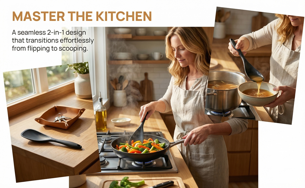A seamless 2-in-1 design that transitions effortlessly from flipping to scooping.