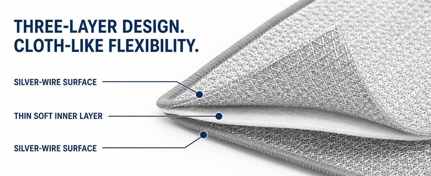 Close-up of the cloth’s silver-wire mesh and thin inner sponge layer.